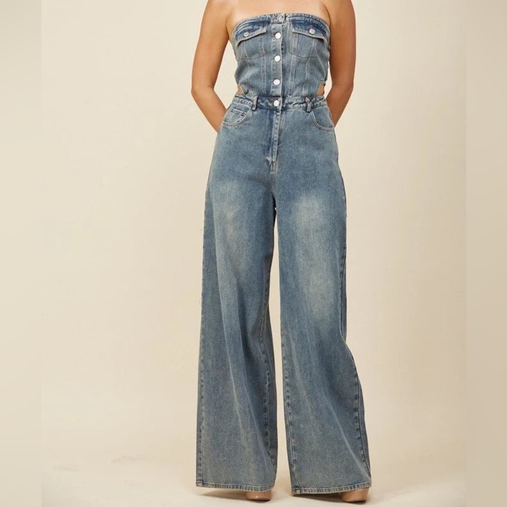 Denim Tube Jumpsuit with Cutout Detail